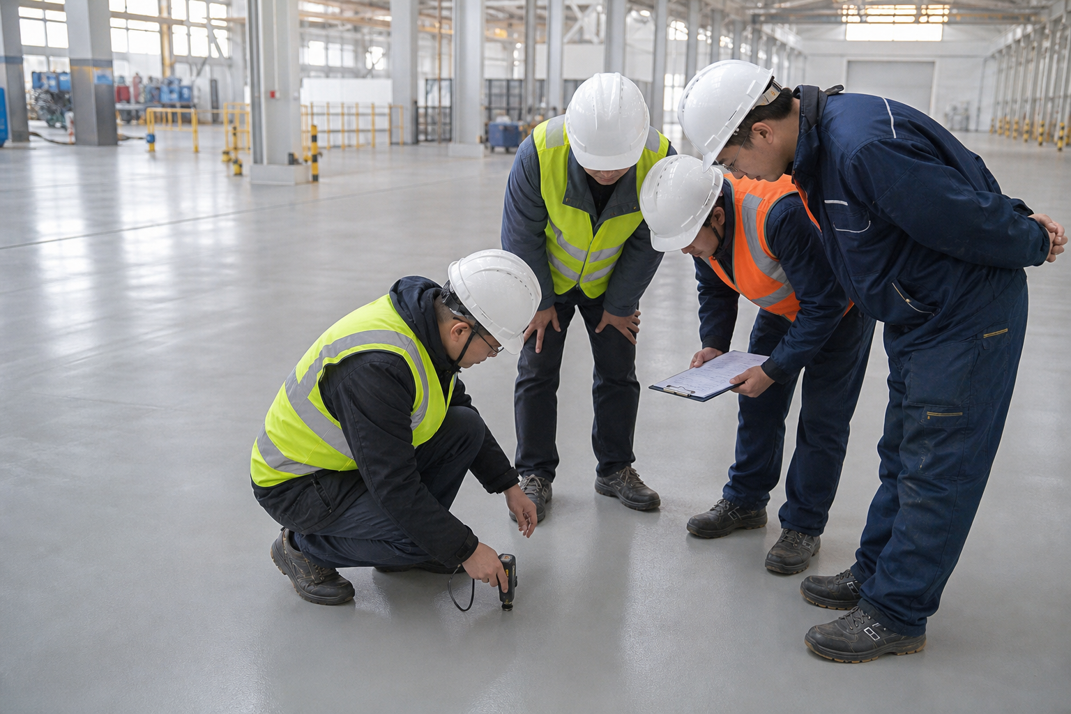 Junaimei technicians and clients work together on industrial flooring coatings Junaimei technicians and clients work together on industrial flooring coatings