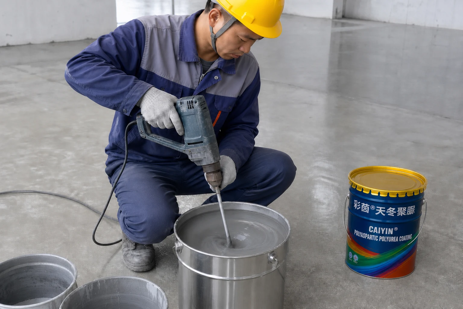 Construction staff low-speed mixing of polyaspartic polyurea materials Construction staff low-speed mixing of polyaspartic polyurea materials