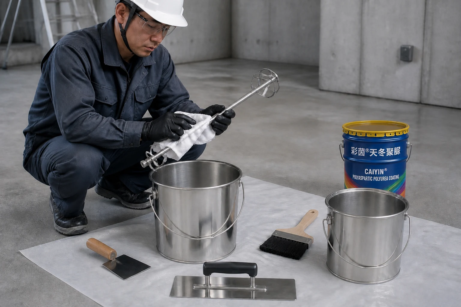 Construction staff inspect and clean drums and mixing tools Construction staff inspect and clean drums and mixing tools