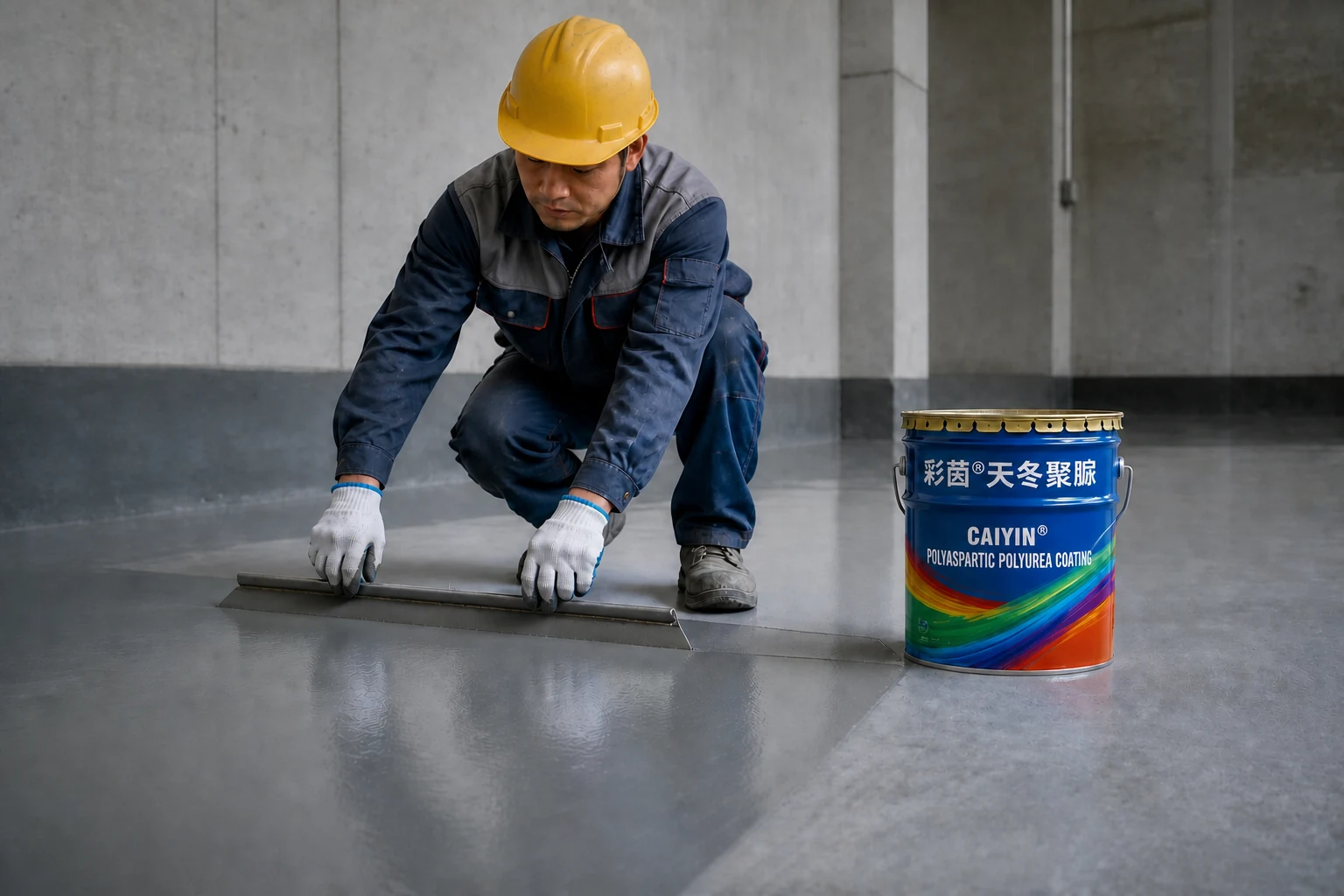 Construction staff scrape the polyaspartic polyurea and even the substrate