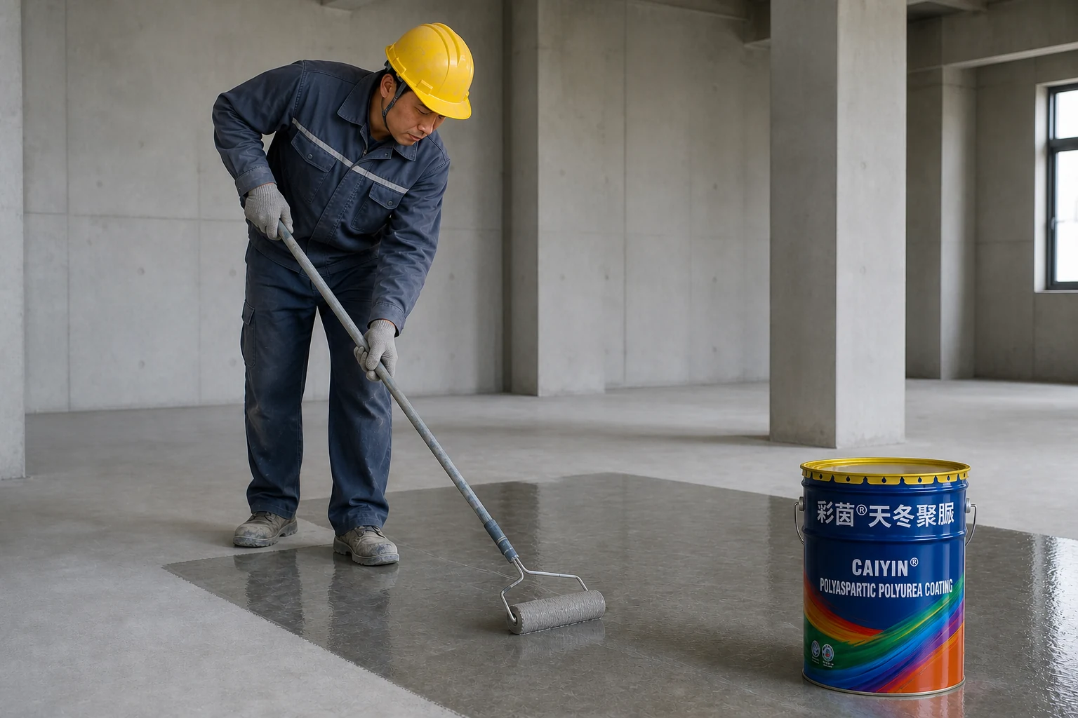 Construction staff rolls the wallaspartic polyurea.