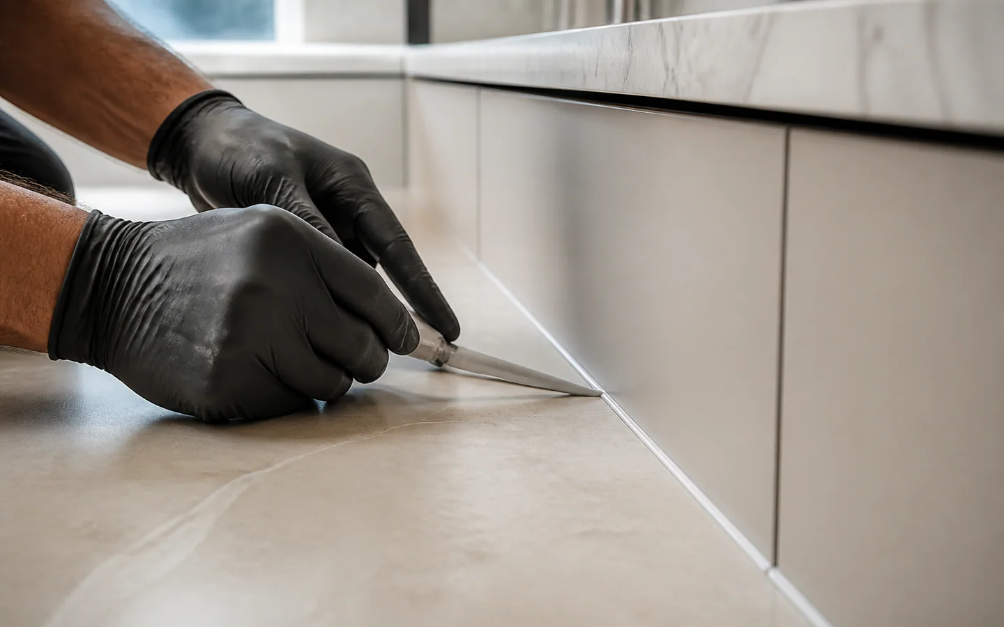 The mechanic sews at the border between light-colour tiles and cabinets.