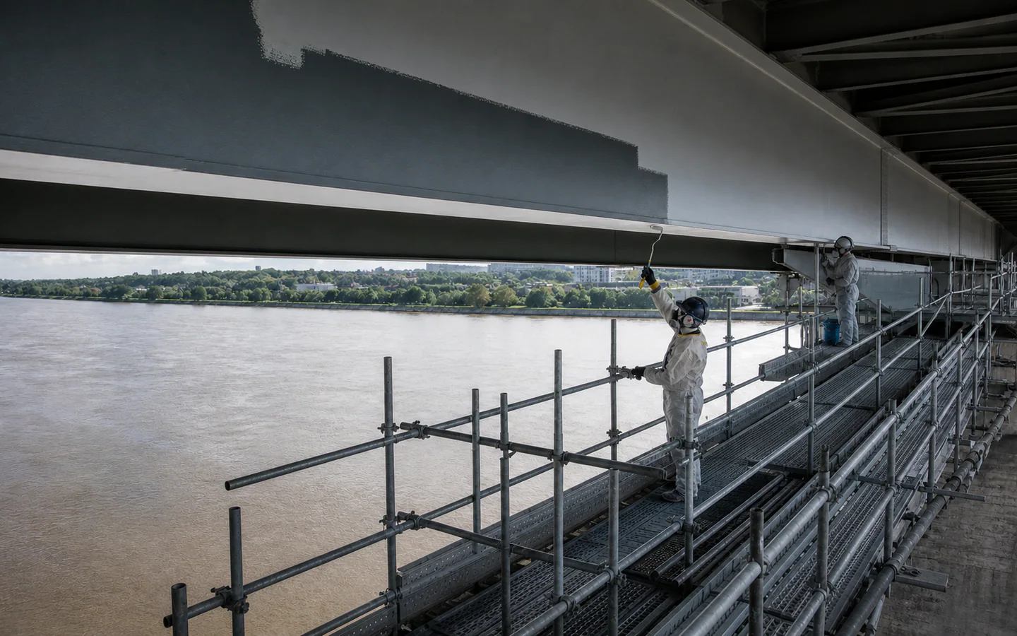 Maintenance crew to perform the corrosion protection coating on the surface of large bridge beams Maintenance crew to perform the corrosion protection coating on the surface of large bridge beams