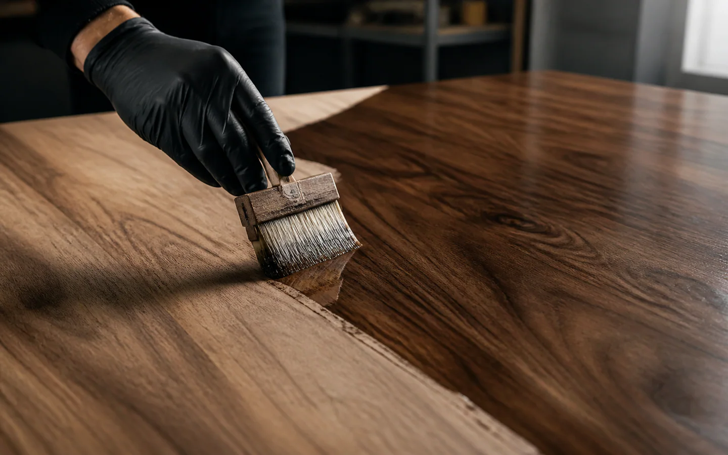 Traders paint transparent protection coatings on solid wood surfaces