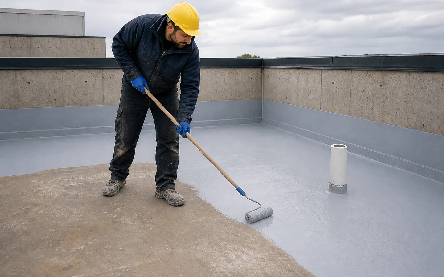 The workers roll on the surface of the modern flats with light grey continuous waterproofing.